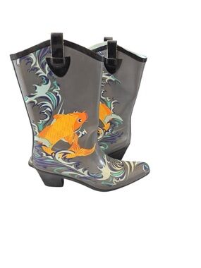 Dav Women’s Rain Boots Koy Fish Gray Cowboy Size 10 Heals Kitsch Eclectic Fairy